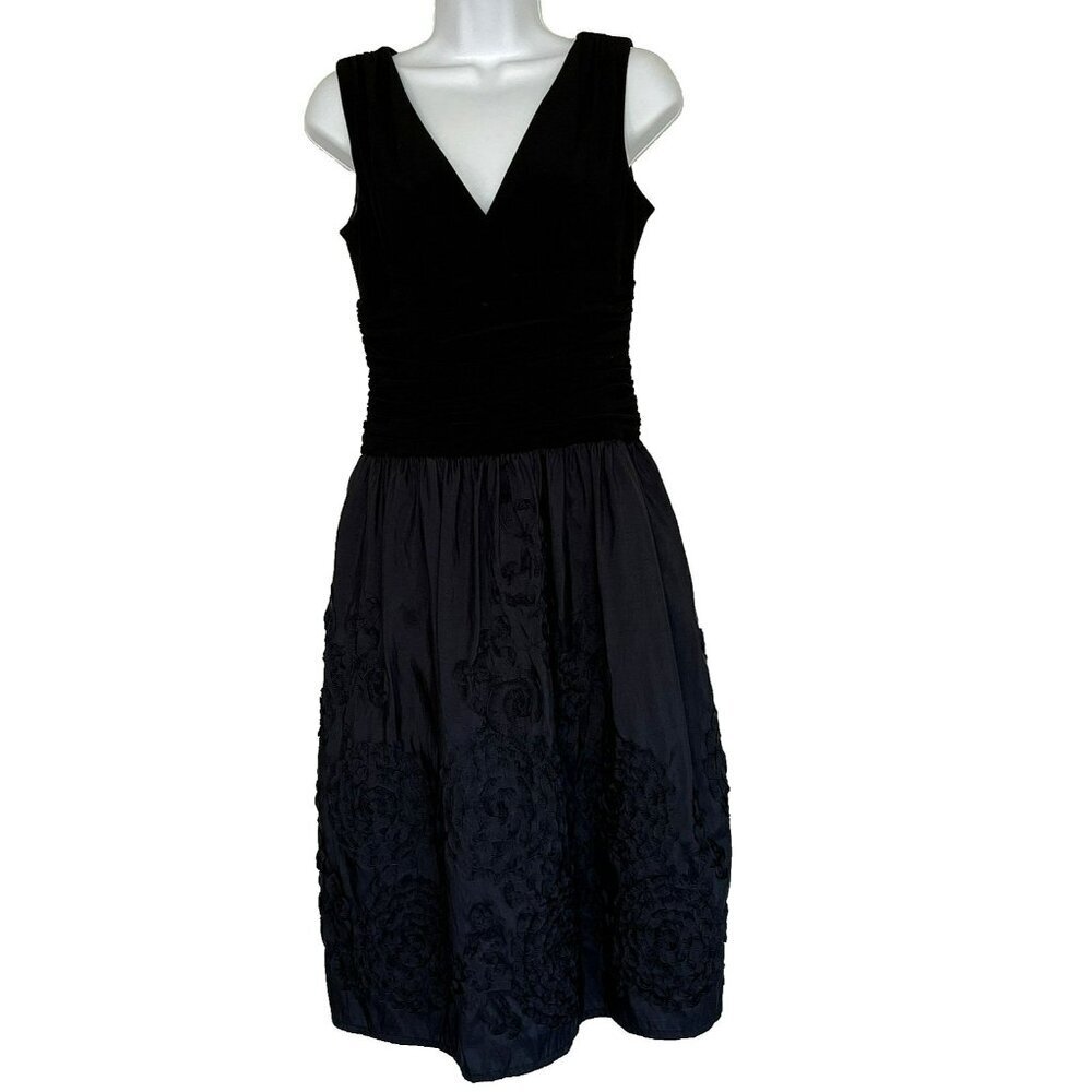 Jessica Howard Evening Midi Event Dress 6P Ruched Ribbon Rosettes Wimsigoth